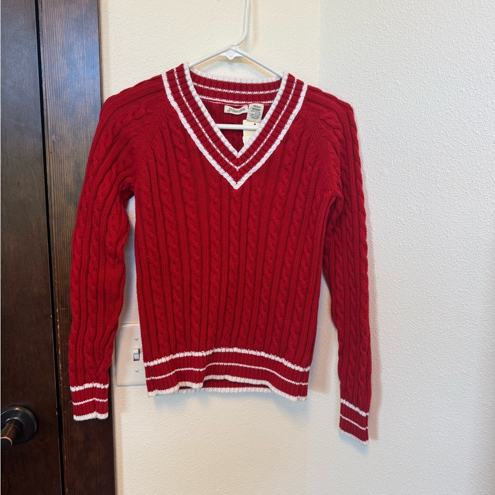 St. John's Bay Red V-Neck Sweater with Cable Knit and White Trim